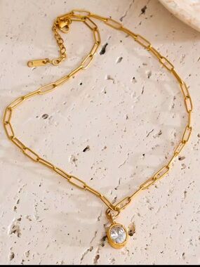 Gold Chain Pendant Necklace with Clear Crystal